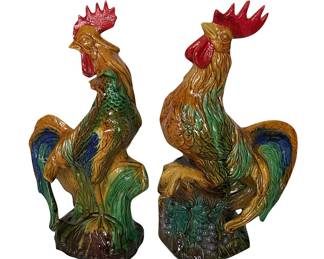 Pair of vintage majolica  roosters, unmarked; 15”H