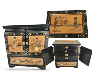 Mid-century Chinese black lacquer jewelry armoire; silk-lined drawers; 13"H x 12"W