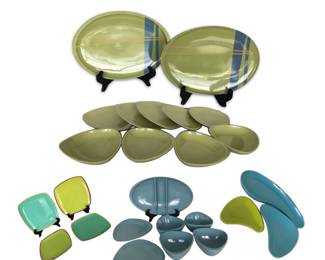 Assorted midmod and contempo Melamine tableware from various manufacturers, including Boontonware and Zak Designs; items not shown to scale