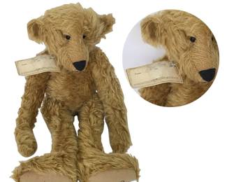 Vintage Gay Talbott Boassy’s 18” mohair teddy bear named Emil; gift tag attached 