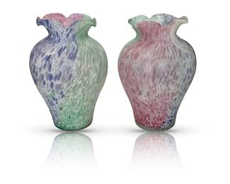 Two Lavorazione Arte Murano hand-blown, pastel splatter-glass vases; fluted rim; each 14”H