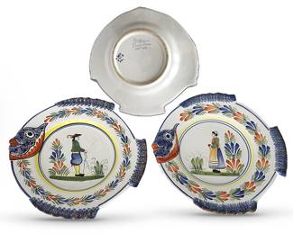 Pair of 10” Quimper fish plates with classic Breton peasant figures, dating from the 1980’s; F for Form 360, designating fish shape; D for décor motif, being Breton peasants; initials referring to painter and/or factory of origin