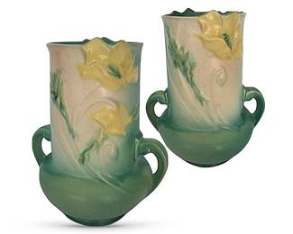 Both sides of Roseville (Ohio, 1890 - 1954) green and yellow poppy pattern double-handled vase; high-relief  design fired with signature glossy and matte glazes; mold 873-9; c. 1938-1940; 10”H
