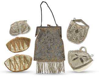 Assorted vintage purses (coins, clutches, evening bags) include Czechoslovakian satin-lined ivory/tan beaded bags; a steel cut mesh, fringed handbag; lower/middle left: a caramel-ish golden and ivory round and tubular beaded clutch w/snazzy art deco geometric pattern (both sides shown), c. 1950’s by La Regale, Japan, 8” wide (NOTE; Items not shown to scale.)
