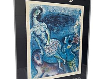 A 1976 exhibition poster for “Marc Chagall, Farblithographien und Radierungen,” (Color Lithographs and Etchings), Galerie Welz Salzburg; printed in Austria, featuring image of Chagall’s 1967 work "Cavalier de Cirque et Clown" ("Circus Rider and Clown"), Mourlot 511; Marc Chagall (1887-1995);  27.25”H x 19”W in frame