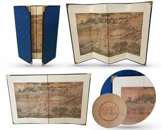 Tabletop 4-panel Japanese byobu  (folding screen) depicting river, bridge and thriving village scene;  14”H x 21"W