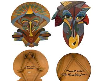 Two painted ceramic masks/wall hangings signed by multi-talented Tucson artists Tim and Pamela Ballingham; top row, L to R:  Desert Dawn, 25”H x 21”W;  The Jester, 23” x 17”