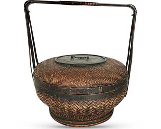 Chinese woven bamboo (?) wedding/betrothal basket w/Greek key and floral pattern banding; 14” in diameter 