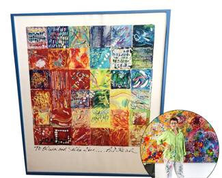 "Confetti" by Sarasota artist Andrea Dasha Reich; archival print.   Reich, born in Prague and schooled at the Bezalel Academy of Arts and Design in Jerusalem, is a contemporary, abstract artist who resides in Sarasota. Her works burst with color.  This print has a quote written in Czech beside the signature that says "Barva je Život" which translates to "Color is Life."  Signed by the artist and inscribed: "To Olivia and Salko Love…A.D. Reich."  