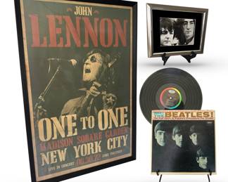 Fab Four fab finds:  Framed poster commemorating John Lennon’s "One to One" August 30, 1972 concert at Madison Square Garden, organized by John and Yoko to benefit the Willowbrook State School, a facility for children with developmental disabilities; 38”H x 25 1/2”W; and, from the height of Beatlemania, a framed fan photo of very young  Paul and John and a 1964  “Meet The Beatles” album, US 1st Press Capitol T-2047