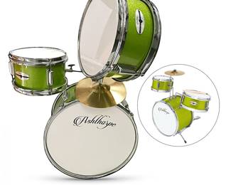 Ashthorpe 3-piece  junior starter drum set — inset photo, from Ashthorpe’s online site, shows setup; includes 14"x 9" bass drum, 10" × 5" mounted tom, 8"x 5" mounted snare and 8" stainless-steel cymbal