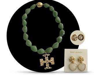 Tory Burch resin and brass Roxanne Statement Necklace and heart drop earrimgs; necklace features chunky swirled beads and double-T logo/cross logo pendant, 18”L; 1.5"L earrings with stud backs