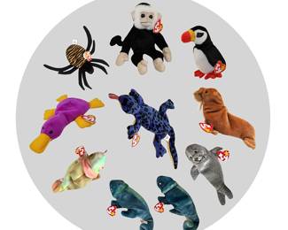 Shown clockwise from TL are ten additional Beanie Babies from our ample collection, all from 1990 and all first runs with tag and/or content errors:  Spinner the Spider, Mooch the Monkey; Puffy the Puffin, Paul the Walrus, Slippery the Seal, 3 Rainbow chameleons (two blue and green, one multi-colored tie-dyed), Patti the Platypus and, in the middle, LIzzy the Lizard 