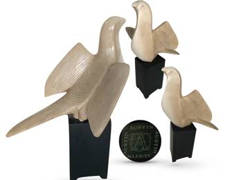 Three views of dove sculpture for Carolyn Kinder Collection by Austin, sold one time at Baer’s Furniture; 18” from top of bird to bottom of base