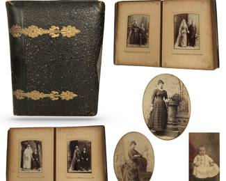 Victorian family album containing 38 photos/cabinet cards; many wedding shots; photographers include Benjamin A. Mink and William Hirsch, both active in Chicago in the 1880’s