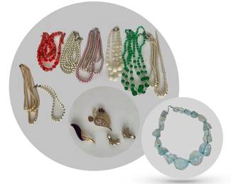 Assorted necklaces include single strand of real pearls and 20” designer aqua-blue nugget quartz necklace w/sterling clasp; broaches include Swarovski crystal leaf pin
