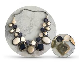 Chunky bib necklace with onyx chalcedony and bone/pre-ban ivory cabochons, some set in beaded-bezel round, oval and square mounts; has back marking but difficult to read; possibly from India