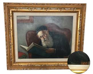 “The Rabbi Reading" by Polish artist Konstantin Szewczenko, (c.1910/15 - 1991); oil on board; one of many versions he painted of this subject; 16”H x 18.5”W.  Szewczenko studied at the Academy of Fine Arts in Warsaw.  He painted mainly genre scenes and portraits but also was a theatrical set designer and illustrator.   He is known especially for his Polish "type" portraits and Judaica.