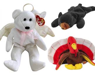 Ty Beanie Babies superstars:  HALO, August 31, 1998, tag and content errors, with added rarity of pink tush tag; BLACKIE the bear, 1993 - 1994, has hang tag and errors; GOBBLES the turkey, missing hang tag but tush tag intact