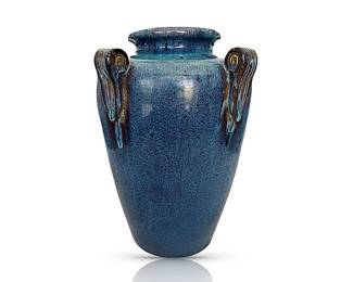 MCM pottery vase, similar to Fulper in its brilliant glaze, but marked made in China; 16”H