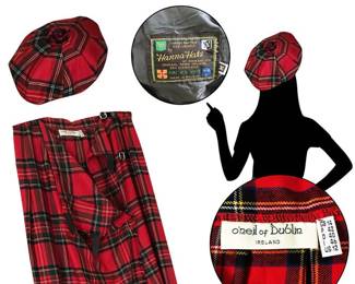 O’Neil of Dublin 36” Tartan kilt in US size 12, and medium Hanna Hats newsboy hat with front snap; looks like they have never been worn.