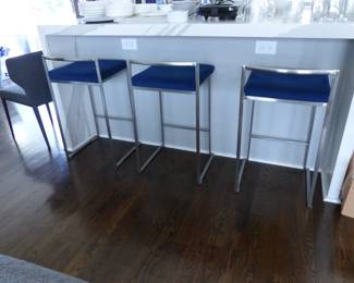 Three chrome frame & blue fabric seat counter bar stools