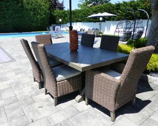 Peter Andrews outdoor dining table with 6 wicker high back chairs & umbrella