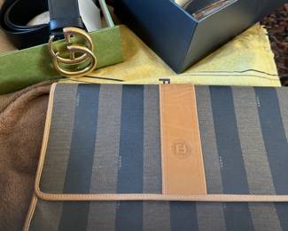 Gucci slides, Gucci belt, Vintage Fendi clutch