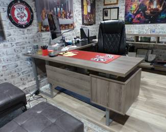 Home office desk, desk chair, pair of accent chairs, console table