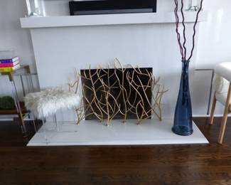 Lucite bench, abstract brass fireplace screen, blue vase