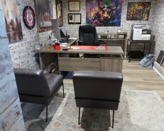 Home office desk, desk chair, pair of accent chairs