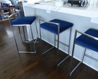 Three chrome frame & blue fabric seat counter bar stools