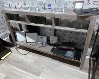 Home office desk, desk chair, pair of accent chairs, console table