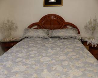 Queen size Italian lacquer bedroom set, pair of crystal candelabra table lamps