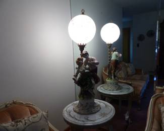 Velvet tufted sofa, loveseat & chair, marble top coffee & side table, figural lamp