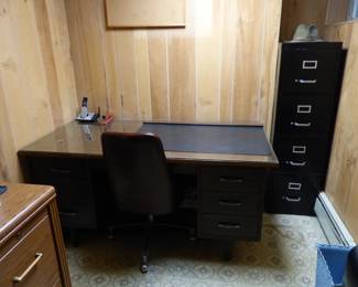 Office desk, file cabinet