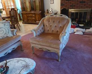 Velvet tufted sofa, loveseat & chair, marble top coffee & side table, figural lamp
