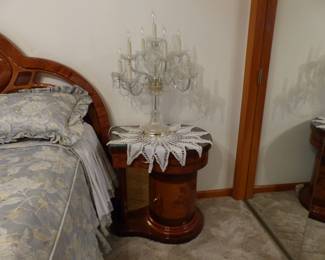 Queen size Italian lacquer bedroom set, pair of crystal candelabra table lamps