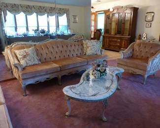 Velvet tufted sofa, loveseat & chair, marble top coffee table