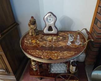 Marquetry drop leaf rolling bar cart