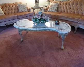 Velvet tufted sofa, loveseat & chair, marble top coffee & side table, figural lamp