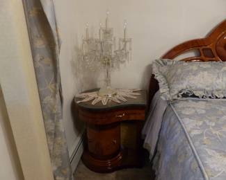 Queen size Italian lacquer bedroom set, pair of crystal candelabra table lamps