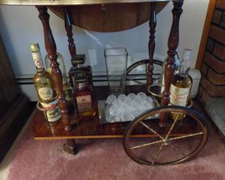 Marquetry drop leaf rolling bar cart