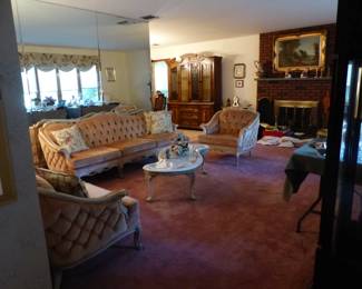Velvet tufted sofa, loveseat & chair, marble top coffee table