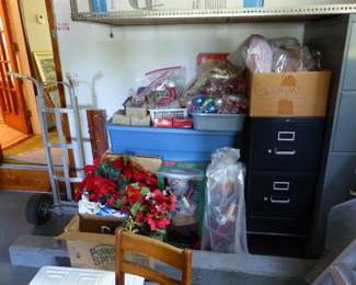 File cabinet, Christmas ornaments & tree