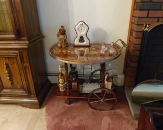 Marquetry drop leaf rolling bar cart