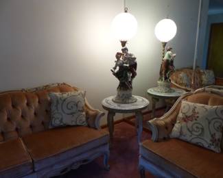 Velvet tufted sofa, loveseat & chair, marble top coffee & side table, figural lamp