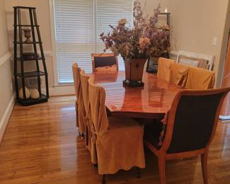 Solid beautiful wood dining table with chars, home accents, etageres