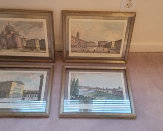 Framed artwork, hand colored engravings from Italy