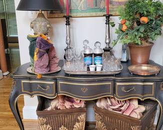 furniture, desk, crystal, trays, vases, greenery, plants, candle holders, artwork